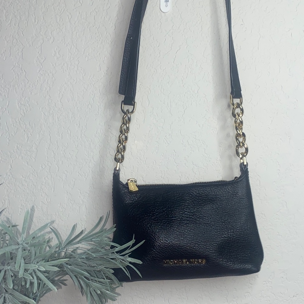 Michael Kors Small Black Pebbled Leather Crossbody with Gold Chain Strap